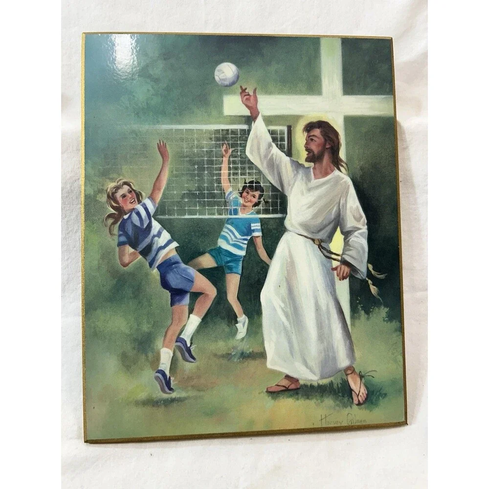 Vtg Christian Religious Bible Jesus Playing Volleyball Plaque 9.5